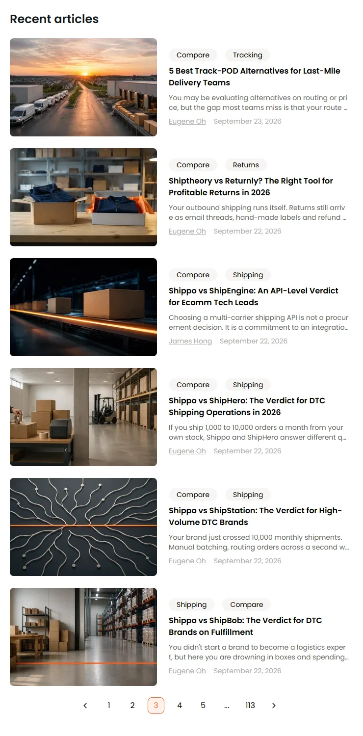 Recent articles, author bylines and pagination on page 3 of AfterShip's blog.
